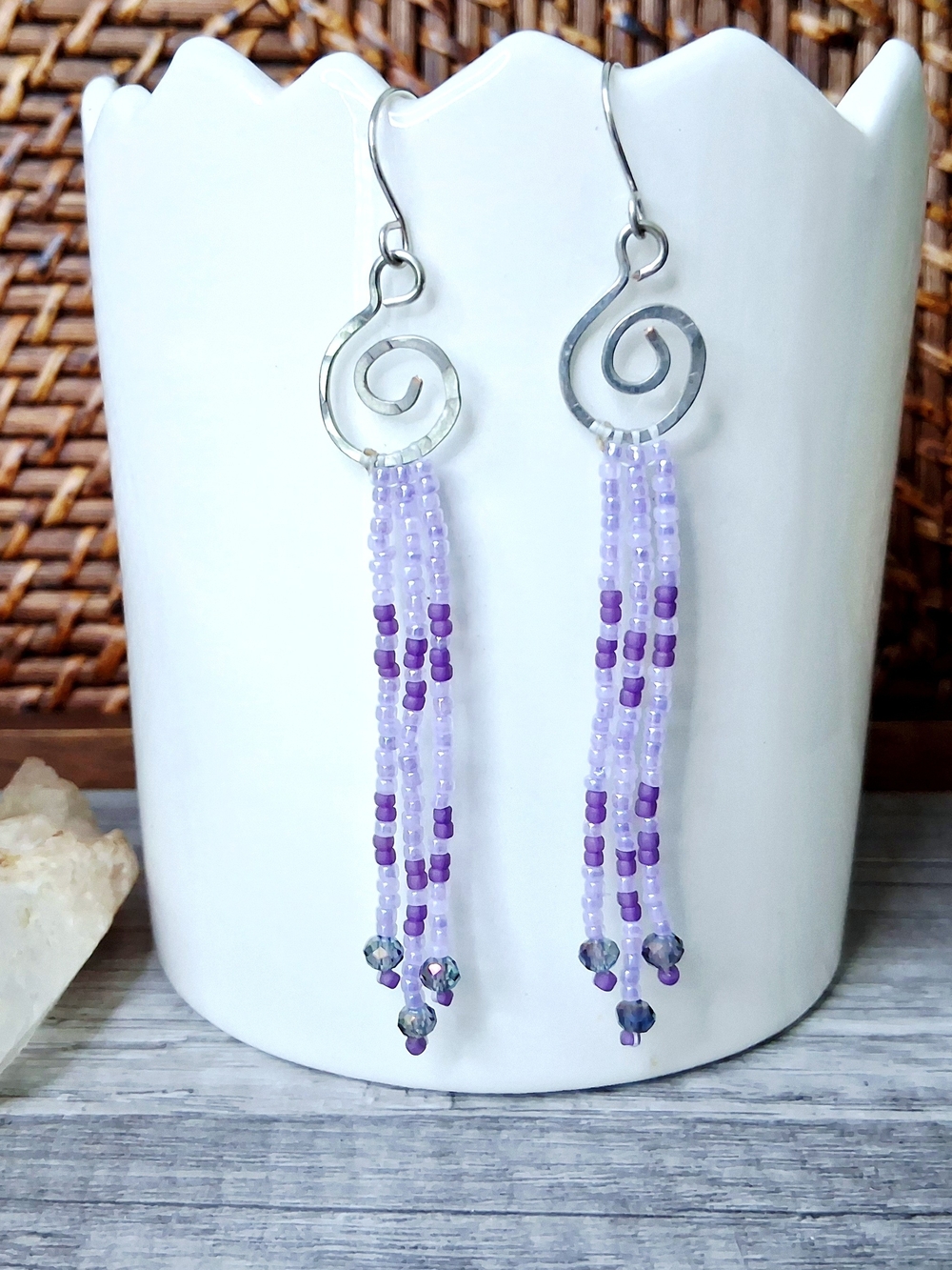 Lavender Beaded Spiral Fringe Earrings